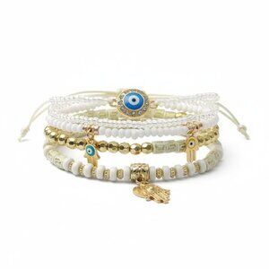 Multilayer Evil Eye Hamsa Hand Beaded Stretch Bracelet Set White Gold